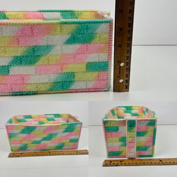 Vtg Pastel Colorful Multicolor Yarn Plastic Canvas Rectangle w Handle Basket‎ - Picture 3 of 10